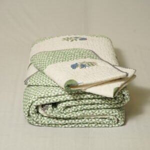 Quilted jaipur bedcover green and white print