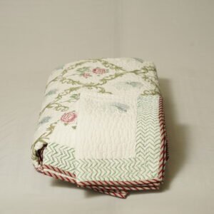 Quilted jaipur bedcover green leaf checked pattern