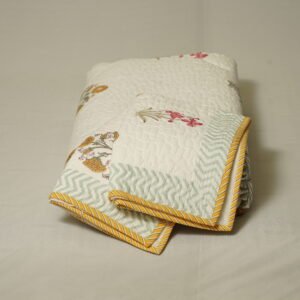 Quilted jaipur bedcover green leaf checked pattern